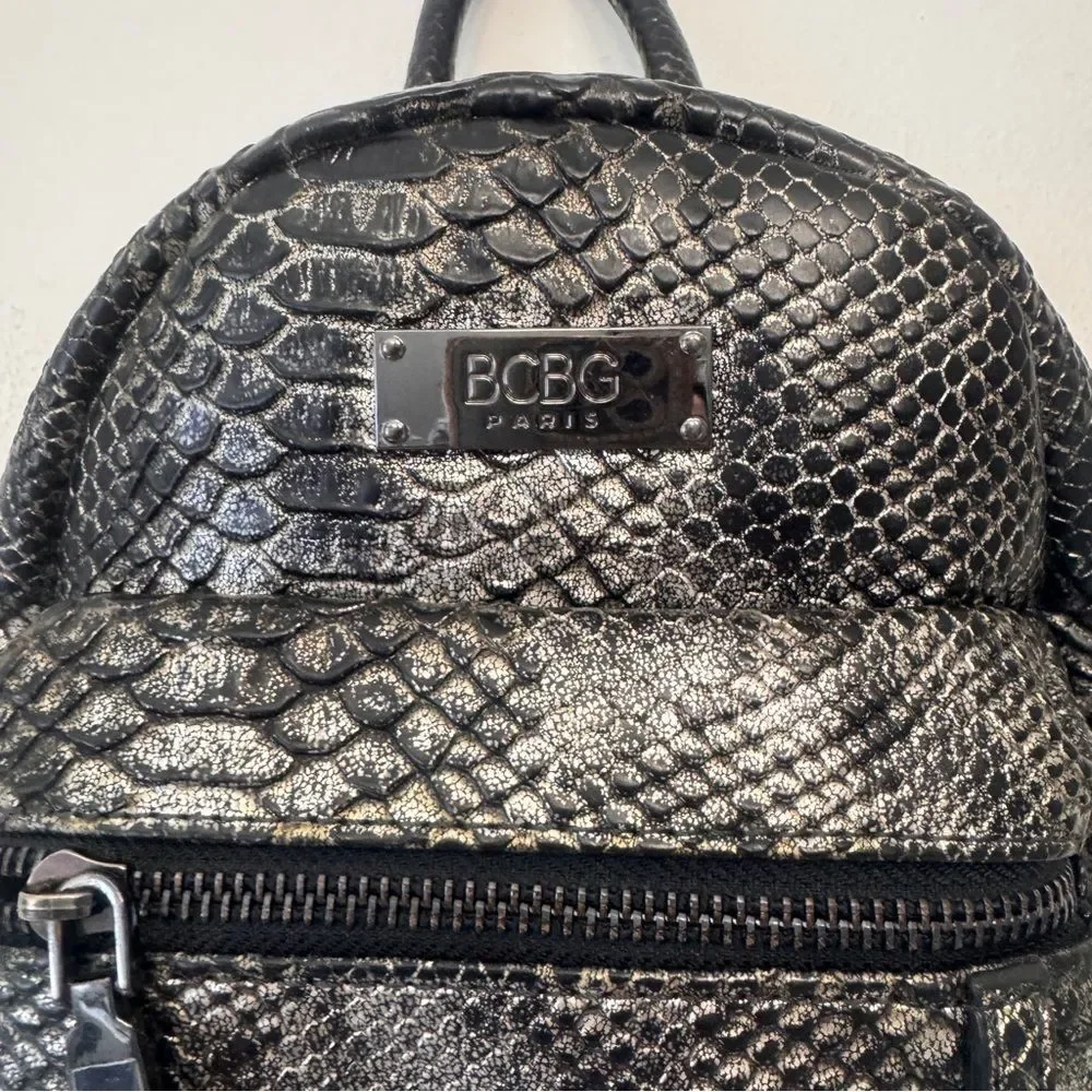 Mini Backpack By BCBG Black & Silver Faux Snakeskin